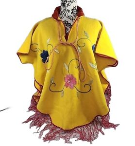 Vintage Poncho Shawl Wool One Size Bright Yellow Multi Floral Embroidery Fringed