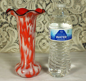 WELZ Trumpet Vase 1920s Art Deco Signed CZECH Glass Tango Red & White Variegated