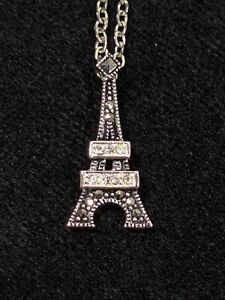 Silver Tone Eiffel Tower Charm Pendant Rhinestone Necklace 17.5 inch