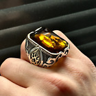 Men 925K Silver Large Yellow Citrine Stone Ring , Man Sterling Silver Ring
