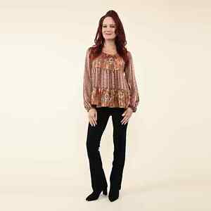 TAMSY Rust Flower Paisley Babydoll Long Sleeve Breathable Quick Drying Blouse-L
