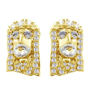 10K Two Tone Gold Plated Silver Simulated Diamond  Jesus Men's Stud Earrings