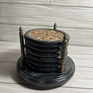 Vtg Black Swirl Marble & Cork Coaster Set w/ Stand-6 Coasters #Read Description