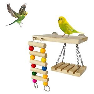 Bird Perches Toys Set Cage Accessories Parrot Nature Wooden Playground Hangin...