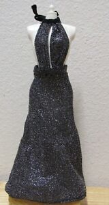Vintage Shiny Black Silver Long Barbie Size Dress Gown Evening Wear Clone GUC