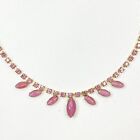 Vintage 60s Pink Moonglow Cat’s Eye Glass & Rhinestone Gold Tone Choker Necklace