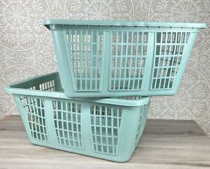Set of 2 Vintage Sage Green Rubbermaid Laundry Basket 2973 & 2965 Large & Medium