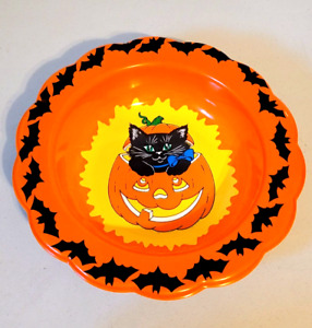 New ListingVintage Berman Industries Halloween Black Cat in Pumpkin Orange Candy Bowl 13.5