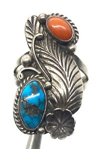 Old Pawn Native American Coral Turquoise Thomas Sterling Silver Ring Size 8