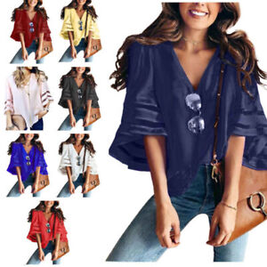 Womens V Neck Blouse Office Work Casual Loose Tops 3/4 Bell Sleeve Chiffon Shirt
