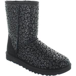 Ugg Women's Sheepskin Classic Short Metallic Snow Leopard Boot Black Size 7