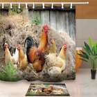 Country 50s Farm Rooster Chickens Shower Curtain and Bathroom Floor Mat Rug Set