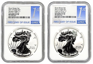 2021 W and S Reverse Proof American Silver Eagle 2 Coins Set NGC PF70 FDOI SKU 1