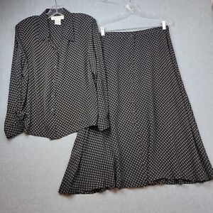 Jones New York Blouse Skirt Set Womens 16 100% Silk Button Front Skirt Career