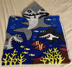 Kids Toddler Children Cartoon Shark Hooded Beach/Bath Poncho Towel
