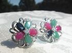 Gorgeous Sterling Silver 925 Natural Ruby Emerald Sapphire Earrings Great on