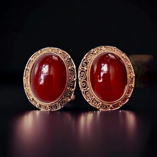 Vintage Gold Clip-On Earrings with Carnelian Cabochons