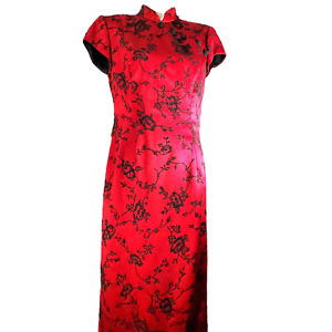 Vintage En Francais Red & Black Beaded Dress Sz 10 Mandarin Collar Side Slit