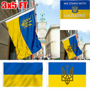 3x5 ft Ukraine Flag with Trident Pray for Ukrainian Flags Banner 100D Polyester