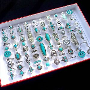 Bulk Lot 50pcs Bohemia Turquoise Stone Vintage Rings Women Silver Plated Jewelry