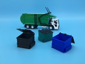 (3) Dumpster Set for Greenlight Mack Refuse Truck S Scale 1:64 Modeled in Color!
