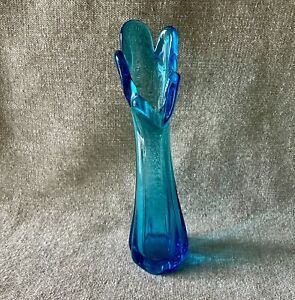 Vintage Peacock Blue 5 Finger Swung Glass Vase 8.5” Floral Greens Beach Cottage