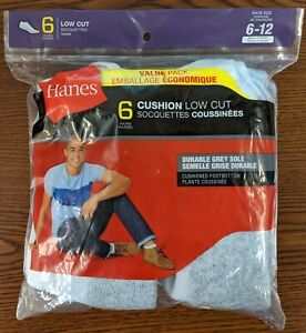 ONE HANES PACK OF 6 PAIR MENS CUSHION LOW CUT SOCKS WHITE/GREY SIZE: 6-12