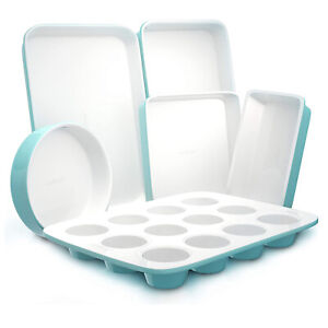NutriChef 6 Piece Non Stick Kitchen Oven Ceramic Baking Pan Set, Green(Open Box)