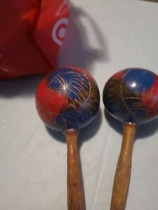 Pair of Red And Blue Painted Vintage Wood Maracas. Lot Of 4