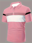 Color Block Print Men's Casual Button Up Short Sleeve Lightweight Polo Pink New