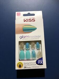 Kiss Nails Glam Fantasy Press Glue Manicure Medium Gel Almond Aqua Silver