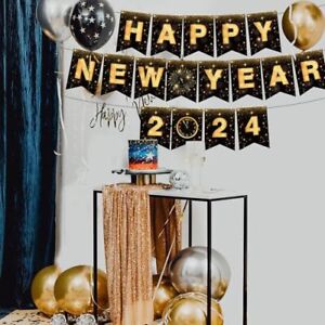 Happy New Year Banner 2024 No DIY New Years Eve Party Supplies 2024 Happy Gold