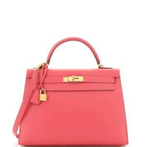 Hermes Kelly Handbag Rose Lipstick Tadelakt with Gold Hardware 32 Pink