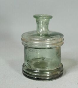 Antique Hand Blown Barrel Ink Bottle Aqua Green Glass Inkwell Open Pontil