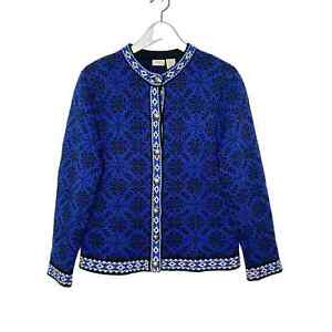 L. L. Bean Blue Wool Norwegian Fair Isle Snowflake Cardigan Sweater Sz M