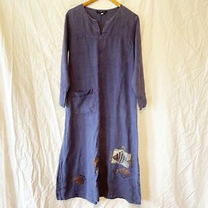 Fenini Linen Long Sleeve Art To Wear Lagenlook Maxi Dress Size S