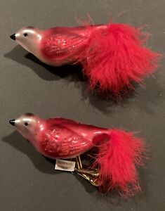 Lot of 2 Clip On Bird Glass Christmas Tree Ornaments with Feather Tails