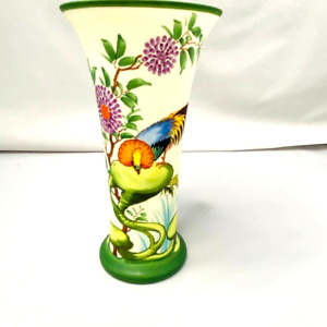 Vintage Hand Painted Satin Glass Milk Glass Tulip Shaped Vase Birds Florals