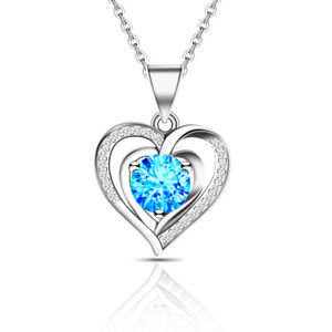 Blue Crystal Diamond Heart Pendant Necklace for Women Mother's Day Special Gift