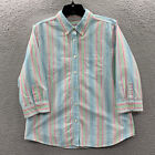 LL BEAN Shirt Womens Petite Medium Button Up Blouse Top Striped 3/4 Sleeve Blue
