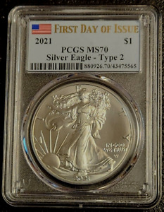 2021 American Silver Eagle Type 2 PCGS MS70 First Day of Issue Flag Label