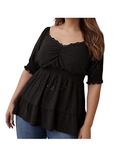 TORRID 3X Black Ruched Front Peplum Babydoll Top Eyelet Stretch Puff Sleeve