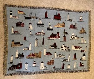 Lighthouses Of The Great Lakes Tapestry Throw Blanket EUC