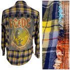 Upcycled Flannel Shirt Women Large AC DC Yellow Plaid Rock Grunge Campfire Party