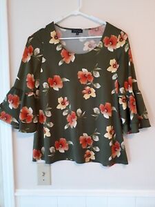 Slinky Brand Womens Stretch Floral Blouse Top Green 3/4 Sleeve Size L Sale