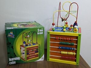 Learning Activity Cube Preschool Wooden 5 Toys in 1: Maze, Abacus, Black Board +