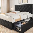 Queen Faux Leather Platform Bed Frame with Adjustable Headboard and 4 Drawers