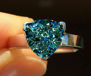 3.16Ct Vvs1  :Gray Blue Vivid Trillion Moissanite Diamond Solitaire Silver Ring