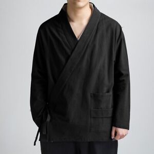 Mens Chinese Cardigan Jacket Casual Kimono Lace Up Coat Traditional Hanfu Tops