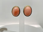 14k Yellow Gold Oval 14x10mm Pink Coral Stud Earrings w/ Rope Edge, 4.6 Grams